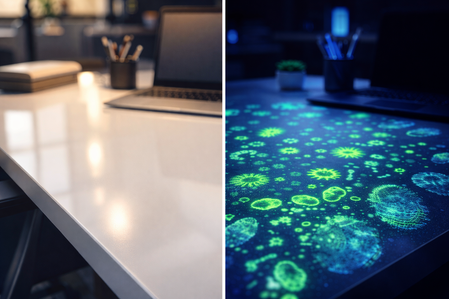 Vergleich von optischer Sauberkeit und mikrobiologischer Hygiene unter UV-Licht.