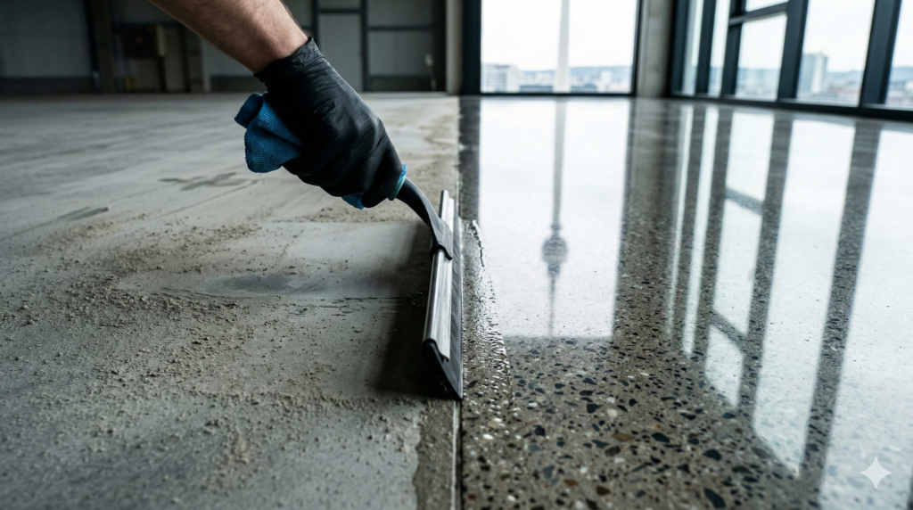 Professionelle Baureinigung Stuttgart – Kontrast zwischen Baustaub und poliertem Industrieboden mit Spiegelung des Fernsehturms.