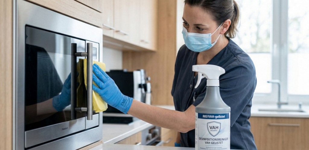 Bekämpfung von Keimen in der Teeküche – Professionelle Desinfektion der Mikrowelle mit farbcodiertem Tuch durch EME Gebäudereinigung.