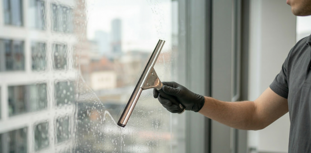 Fensterreinigung am Bürofenster