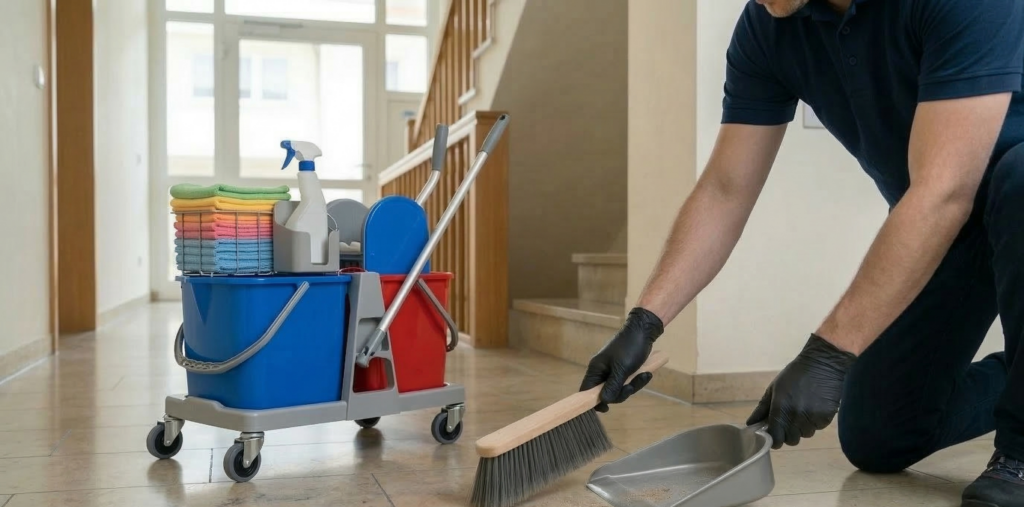 Professionelle Kehrwoche: Reinigungskraft bei der gründlichen Bodenreinigung in einem hellen Hausflur mit professionellem Equipment