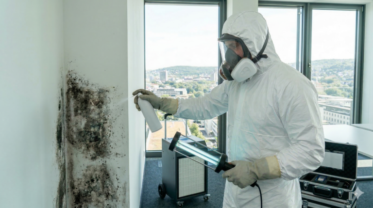 Ein Experte in weißem Schutzanzug und Atemschutzmaske bei der fachgerechten Schimmelentfernung Stuttgart in einem hellen Büro. Er behandelt schwarzen Schimmelbefall an einer Wand mit einer Sprühflasche und einer UV-C-Entkeimungslampe vor einer städtischen Hintergrundkulisse.
