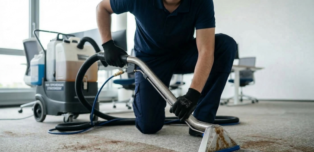 Nahaufnahme einer Reinigungskraft bei der Teppichbodenreinigung mit einem professionellen Extraktionsgerät. Die Person führt die Saugdüse über einen Fleck auf dem grauen Büroteppich; im Hintergrund steht die Reinigungsmaschine.